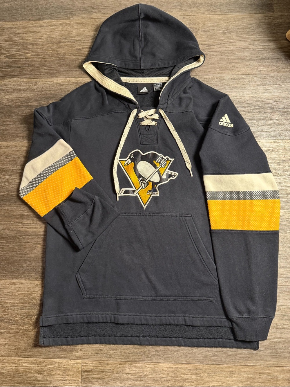 adidas Black Hoodie with Yellow & Cream Sleeve Stripes